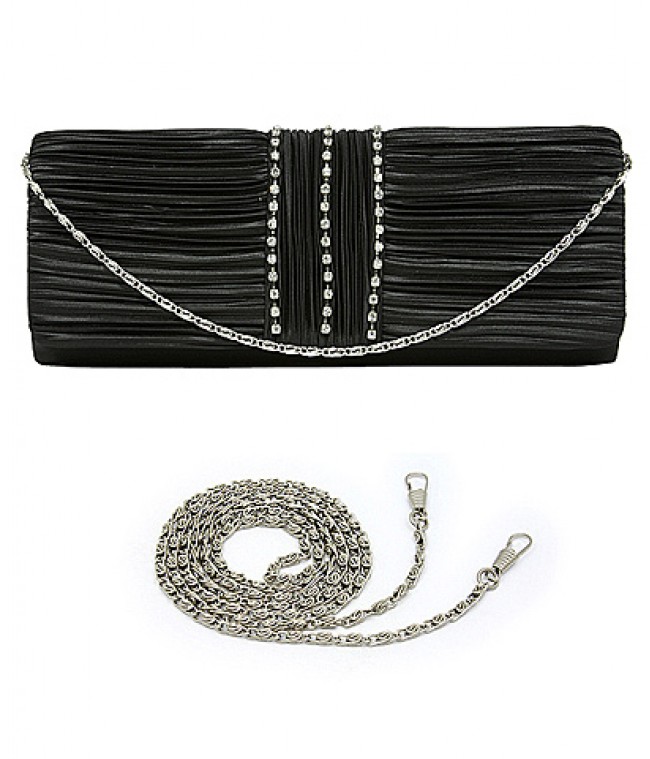 Evening Bag - Satin Pleated w/ 3 Liner Clear Stone - Black - BG-EBS1132BK